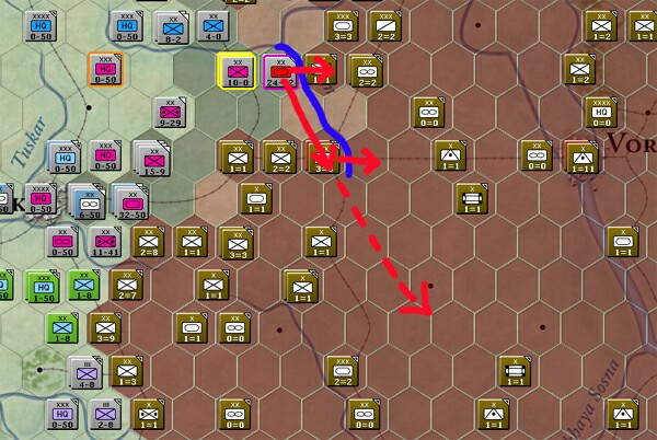 Minimize the number of units making clearing attacks to save movement points for exploitation. river_attacks11